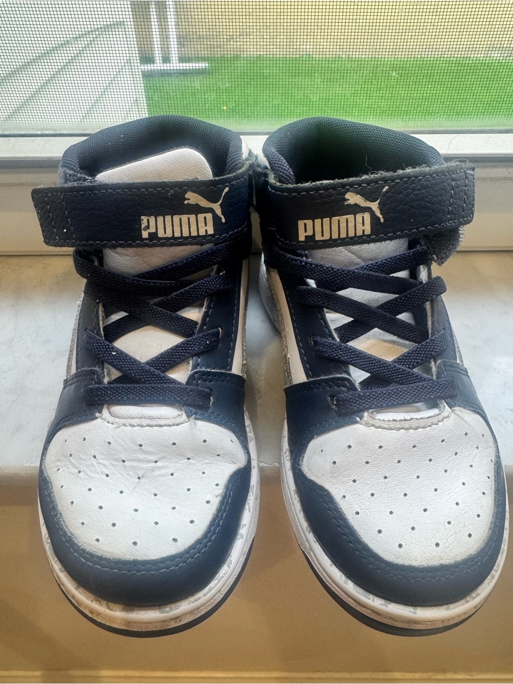 Puma Kids White and Navy High-Top Sneakers with Strap